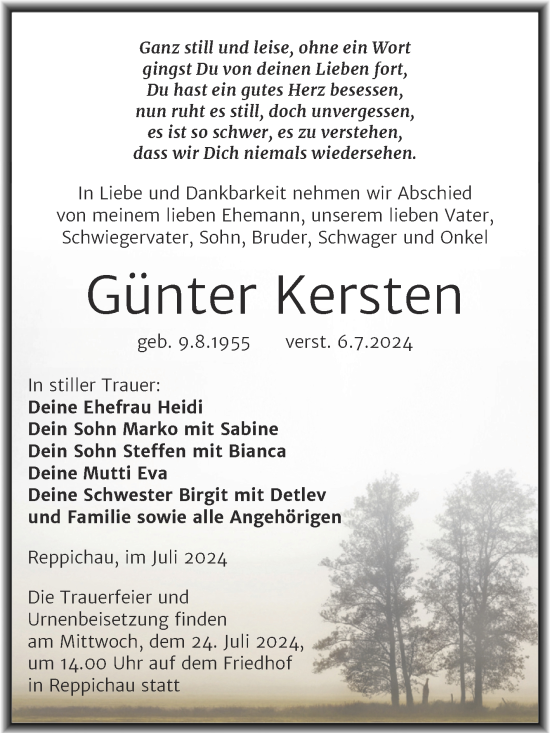 Traueranzeige von Günter Kersten von Trauerkombi Köthen
