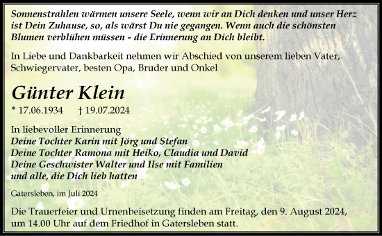 Traueranzeige von Günter Klein von Trauerkombi Aschersleben