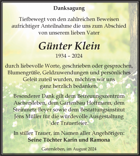Traueranzeige von Günter Klein von Trauerkombi Aschersleben