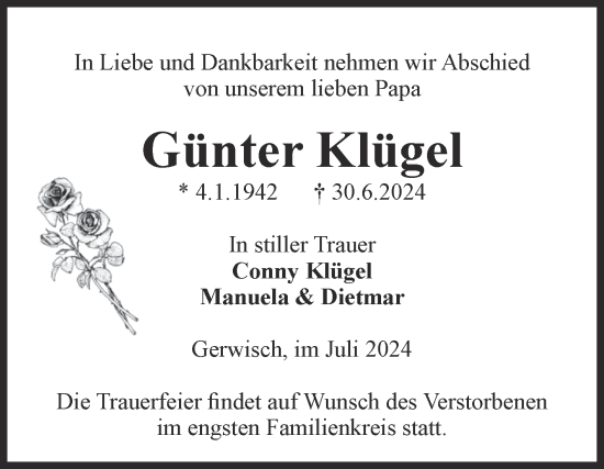 Traueranzeige von Günter Klügel von Volksstimme Magdeburg