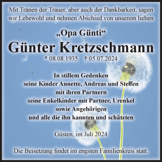 Traueranzeige von Günter Kretzschmann von Volksstimme Staßfurt