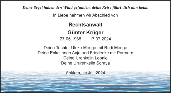Traueranzeige von Günter Krüger von Volksstimme Altmark Ost