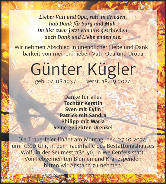 Traueranzeige von Günter Kügler von Trauerkombi Weißenfels