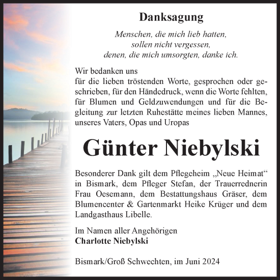 Traueranzeige von Günter Niebylski von Volksstimme Altmark Ost