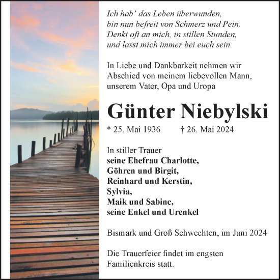 Traueranzeige von Günter Niebylski von Volksstimme Altmark Ost