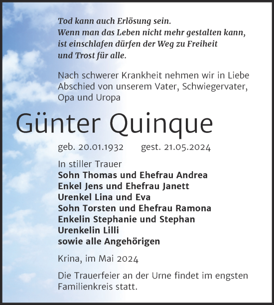 Traueranzeige von Günter Quinque von Trauerkombi Bitterfeld