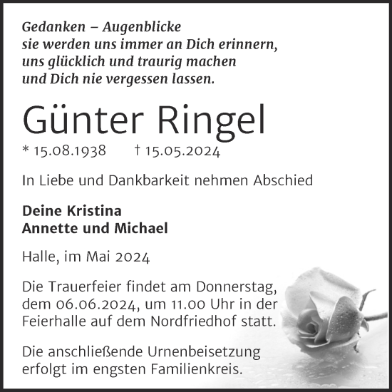 Traueranzeige von Günter Ringel von Mitteldeutsche Zeitung Halle/Saalkreis