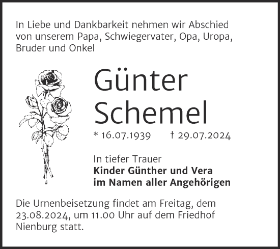 Traueranzeige von Günter Schemel von Trauerkombi Bernburg