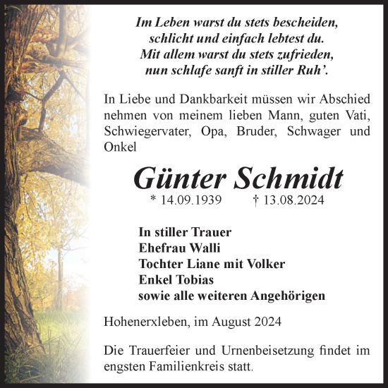 Traueranzeige von Günter Schmidt von Volksstimme Staßfurt
