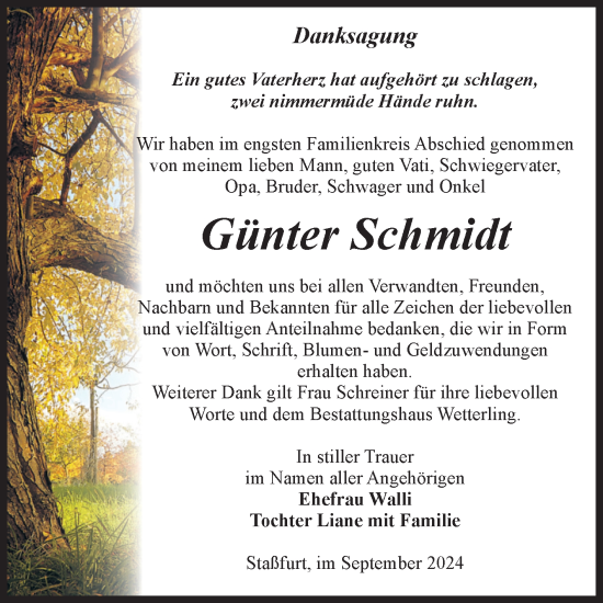 Traueranzeige von Günter Schmidt von Volksstimme Staßfurt
