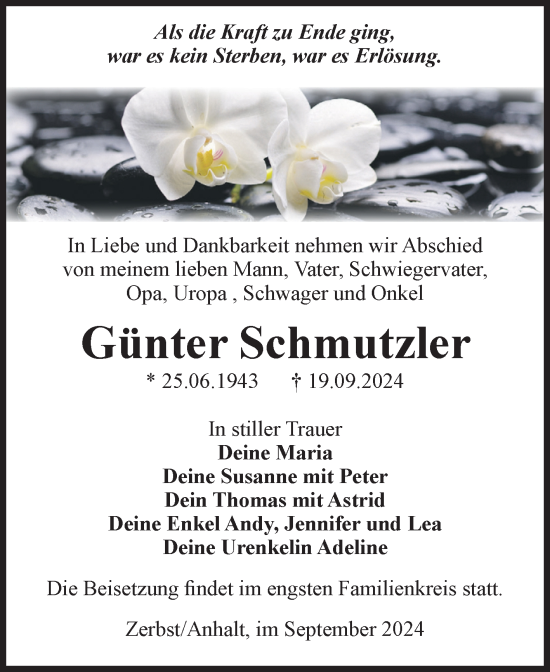 Traueranzeige von Günter Schmutzler von Volksstimme Zerbst