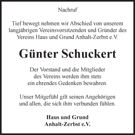 Traueranzeige von Günter Schuckert von Volksstimme Zerbst