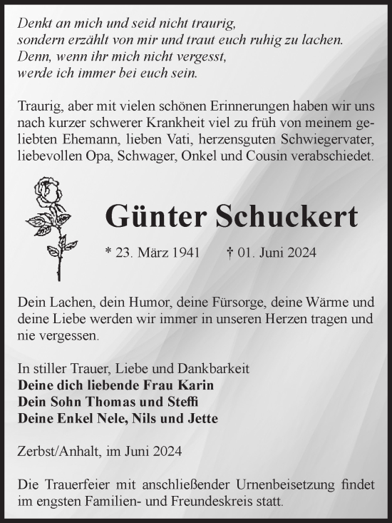 Traueranzeige von Günter Schuckert von Volksstimme Zerbst