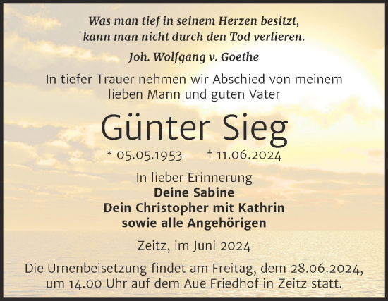 Traueranzeige von Günter Sieg von Trauerkombi Zeitz