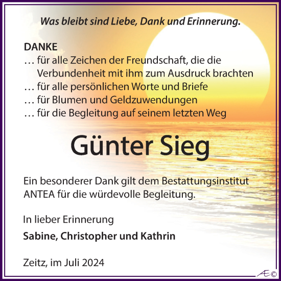 Traueranzeige von Günter Sieg von Trauerkombi Zeitz