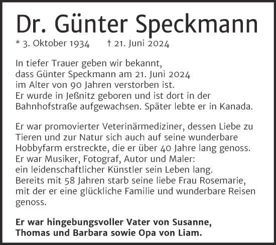 Traueranzeige von Günter Speckmann von Mitteldeutsche Zeitung Bitterfeld