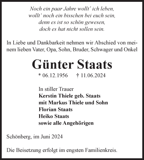Traueranzeige von Günter Staats von Volksstimme Altmark Ost