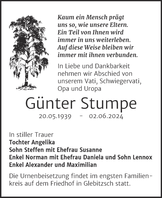 Traueranzeige von Günter Stumpe von Trauerkombi Bitterfeld