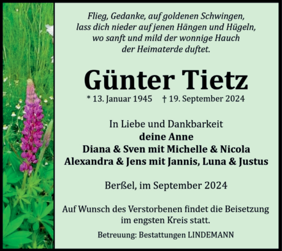 Traueranzeige von Günter Tietz von Volksstimme Halberstadt