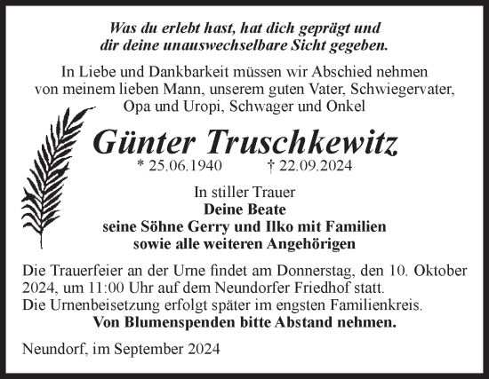 Traueranzeige von Günter Truschkewitz von Volksstimme Staßfurt