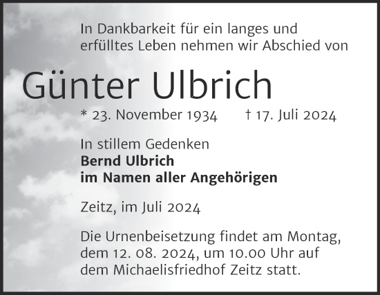 Traueranzeige von Günter Ulbrich von Trauerkombi Zeitz