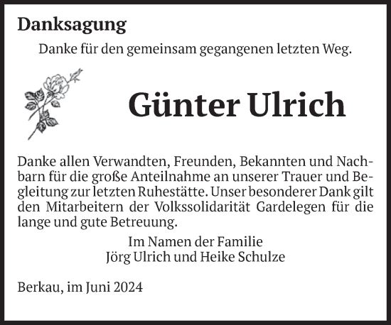 Traueranzeige von Günter Ulrich von Volksstimme Altmark Ost
