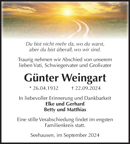 Traueranzeige von Günter Weingart von Volksstimme Altmark Ost