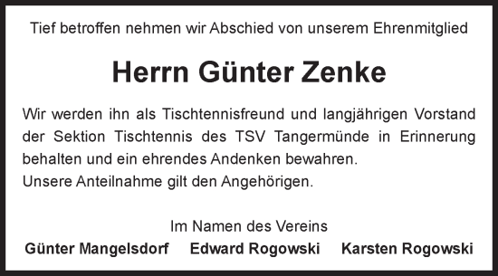 Traueranzeige von Günter Zenke von Volksstimme Altmark Ost