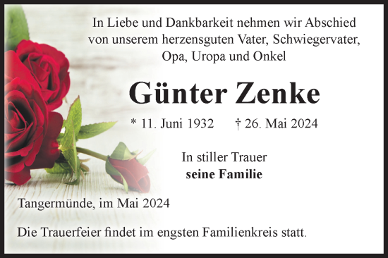Traueranzeige von Günter Zenke von Volksstimme Altmark Ost