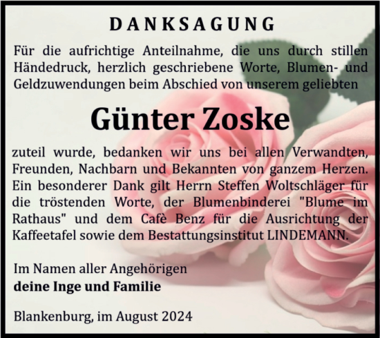 Traueranzeige von Günter Zoske von Volksstimme Wernigerode