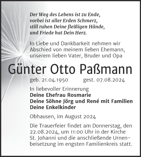 Traueranzeige von Günter Otto Paßmann von Trauerkombi Merseburg