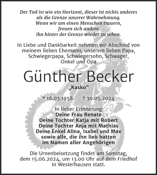 Traueranzeige von Günther Becker von Trauerkombi Quedlinburg