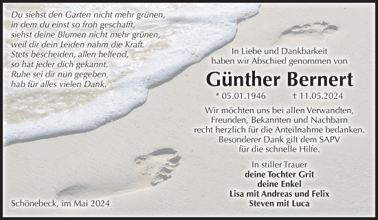 Traueranzeige von Günther Bernert von Volksstimme Schönebeck