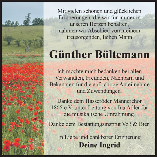 Traueranzeige von Günther Bültemann von Volksstimme Wernigerode