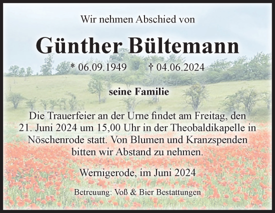 Traueranzeige von Günther Bültemann von Volksstimme Wernigerode