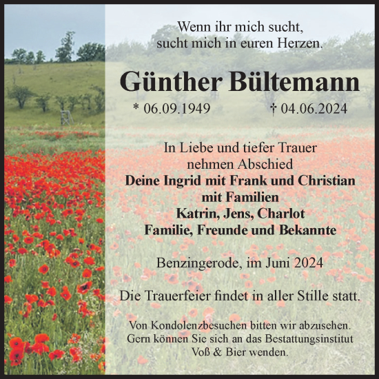 Traueranzeige von Günther Bültemann von Volksstimme Wernigerode