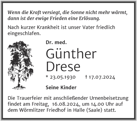 Traueranzeige von Günther Drese von Mitteldeutsche Zeitung Halle/Saalkreis