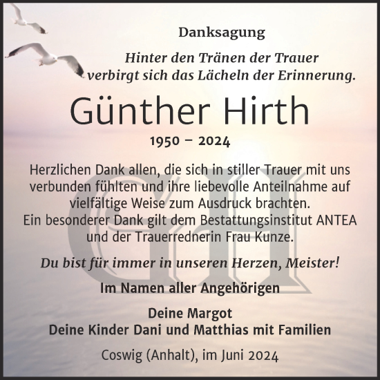 Traueranzeige von Günther Hirth von Trauerkombi Wittenberg
