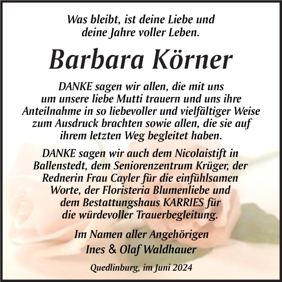 Traueranzeige von Günther Körner von Trauerkombi Quedlinburg