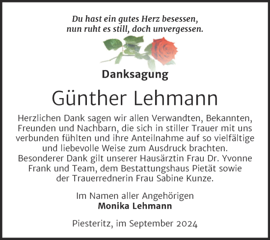 Traueranzeige von Günther Lehmann von Trauerkombi Wittenberg