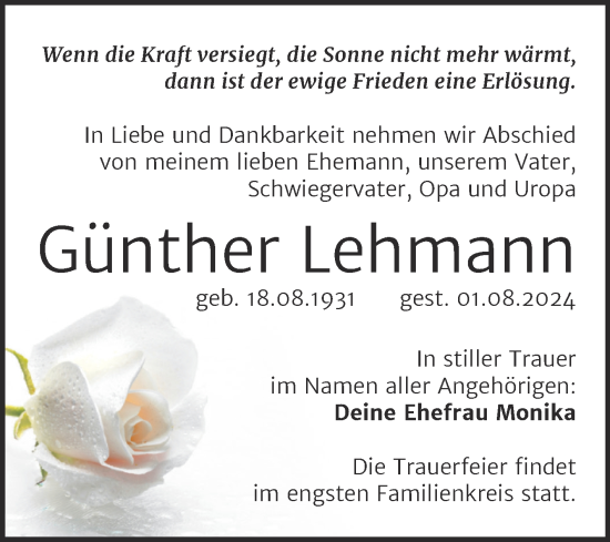 Traueranzeige von Günther Lehmann von Trauerkombi Wittenberg