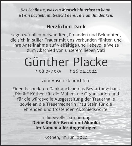 Traueranzeige von Günther Placke von Trauerkombi Köthen