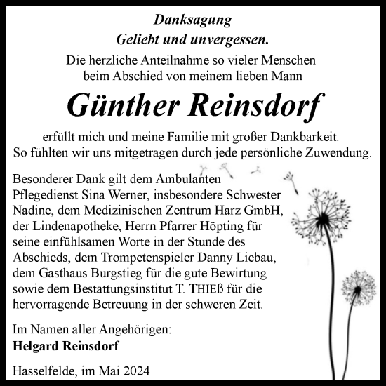 Traueranzeige von Günther Reinsdorf von Volksstimme Wernigerode