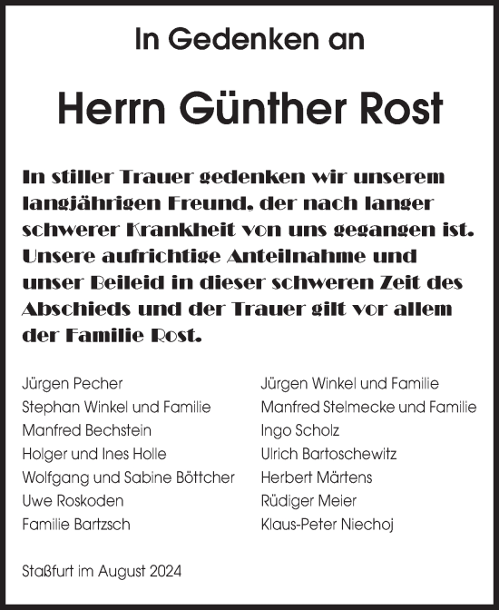 Traueranzeige von Günther Rost von Volksstimme Staßfurt