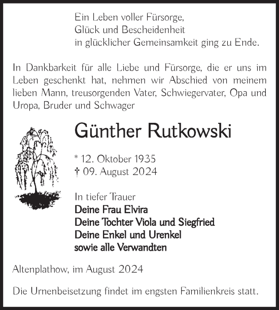 Traueranzeige von Günther Rutkowski von Volksstimme Burg/Genthin