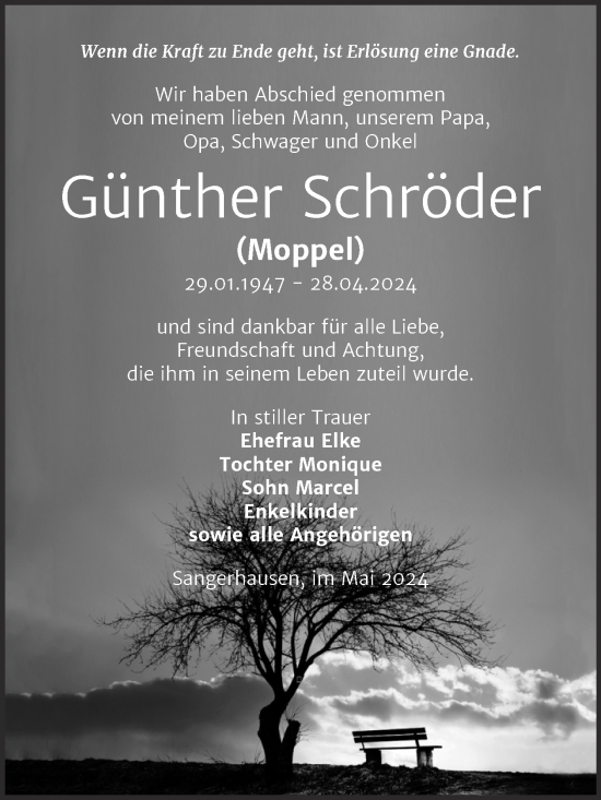 Traueranzeige von Günther Schröder von Trauerkombi Sangerhausen