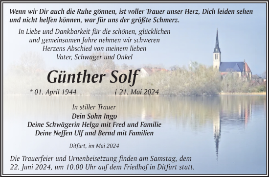 Traueranzeige von Günther Solf von Trauerkombi Quedlinburg