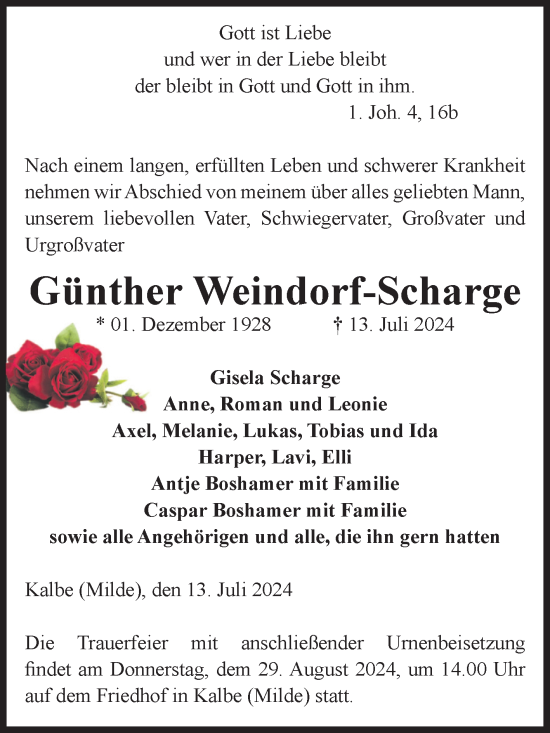 Traueranzeige von Günther Weindorf-Scharge von Volksstimme Altmark West