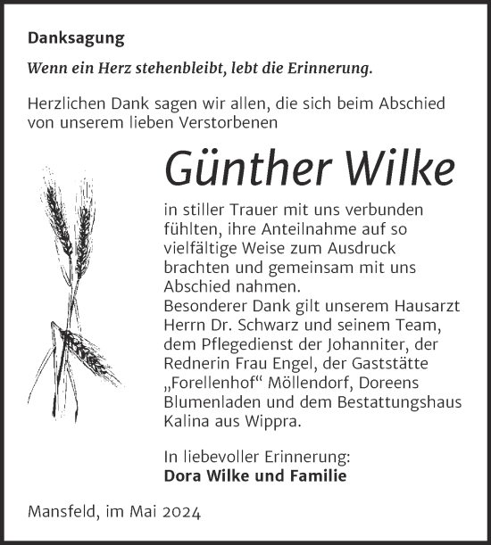 Traueranzeige von Günther Wilke von Trauerkombi Mansfelder Land