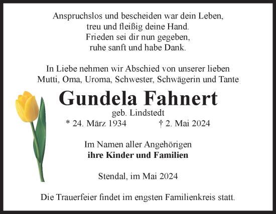 Traueranzeige von Gundela Fahnert von Volksstimme Altmark Ost